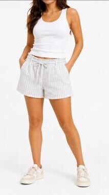 NWT Beach Coastal Ruby Moon Paperbag Waist Shorts Size L White Blue Stripe Linen